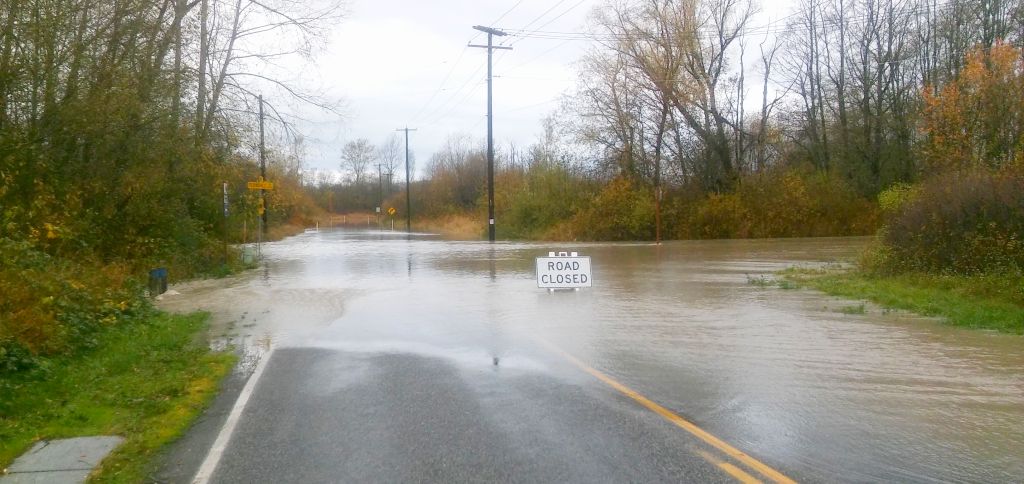 Intersection of Ferndale Road and Marine Drive while Nooksack River level was at 17 feet (November 14, 2015) Photo: Whatcom News