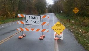 Road Closed - Water over Road - Flood Area signs on Marine Drive 2015-11-14