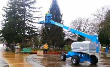 Chamber prez larry hoffman and volunteer help to fix tree lights after windstorms 2015-12-15
