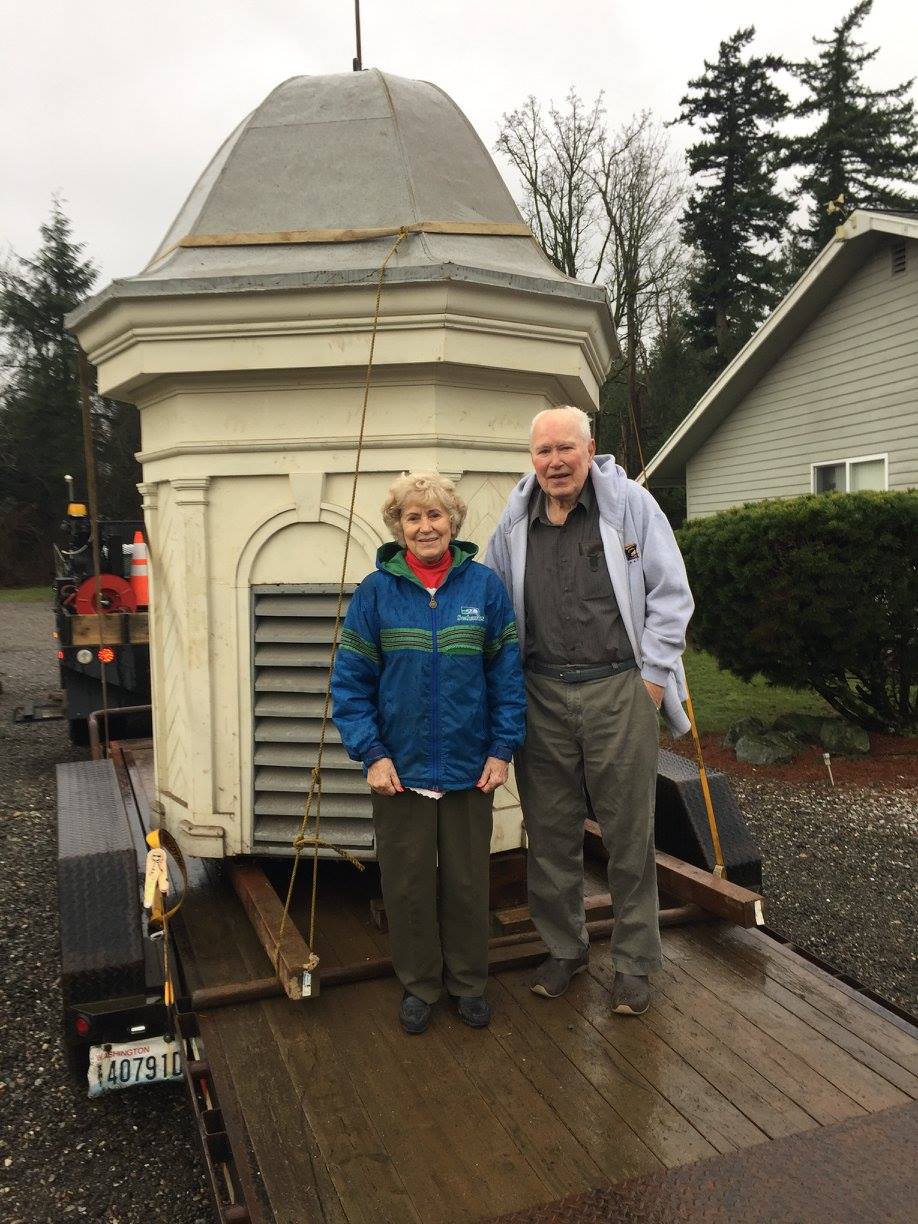 Frank and Anna Hebert with the dome from fhs as it leaves their home headed for pioneer park 2015-12-23