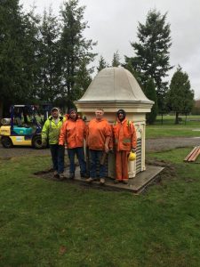 ferndale public works crew poses with the newly positioned dome from FHS at pioneer park 2015-12-23