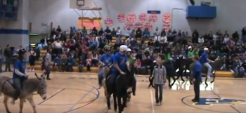 video screengrab from past donkey basketball game at FHS