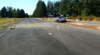 View of rollover fatality crash on I-5 northbound by the Custer rest area as seen from the south. Photo: Sgt. Mark Francis, WSP via Twitter