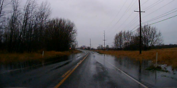 Water begins encroaching on Slater Road as the Nooksack River level passes the 16.5-foot mark at 8:30am (November 23, 2017). Photo: My Ferndale News