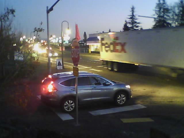 A southbound car waits on 1st Avenue to turn onto Main Street after electronic traffic signals had been removed (December 5, 2017). Photo via My Ferndale News webcam