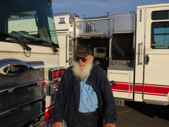 Retiring WCFD7 Commissioner Gerald Metzger tours 2 new pumpers before Metzger's last meeting 2017-12-14