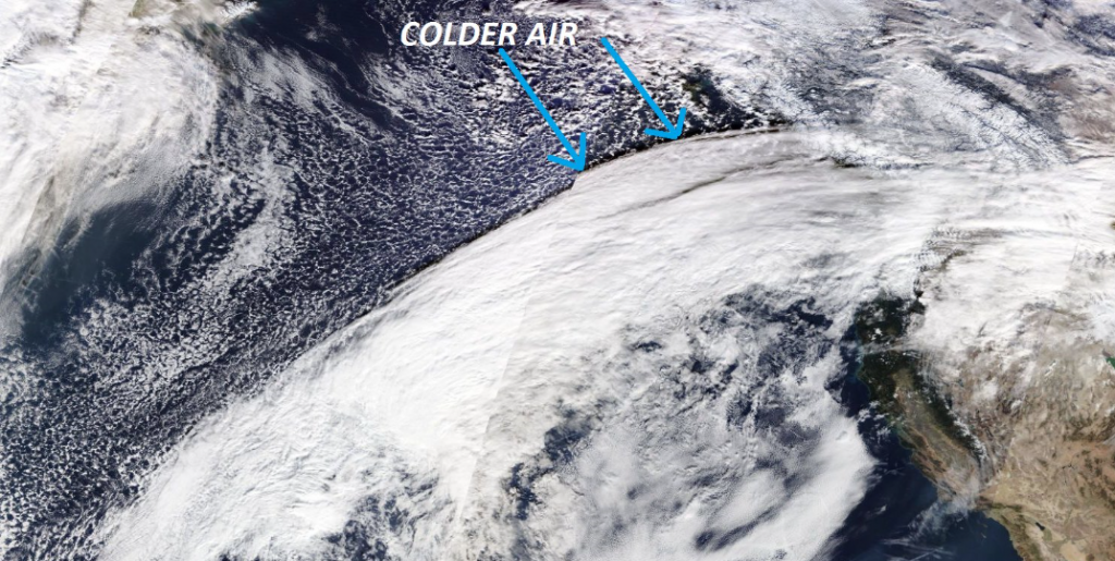 warmer air and colder air headed our way. Image from NASA's polar orbiting MODIS satellite 2017-12-18