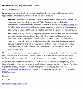 email sent to fhs parents from fhs principal regarding online threats 2018-02-22