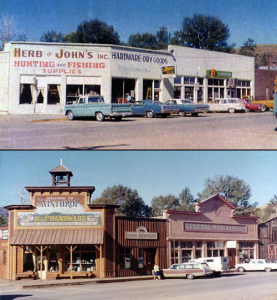 Winthrop's main intersection, as it looked before and right after the 1972 westernization conversion. Photos courtesy Shafer Museum