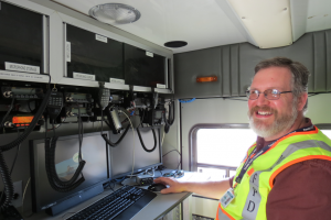 Brendon Orth-Sheridan at the controls in the Ferndale Police Department communications van 2018-05-15