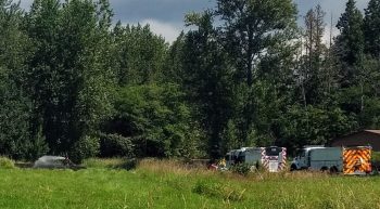 Firefighters wrap up knocking down a grass fire on Mountain View Road that had made its way into a nearby wooded area (June 23, 2018). Photo: My Ferndale News