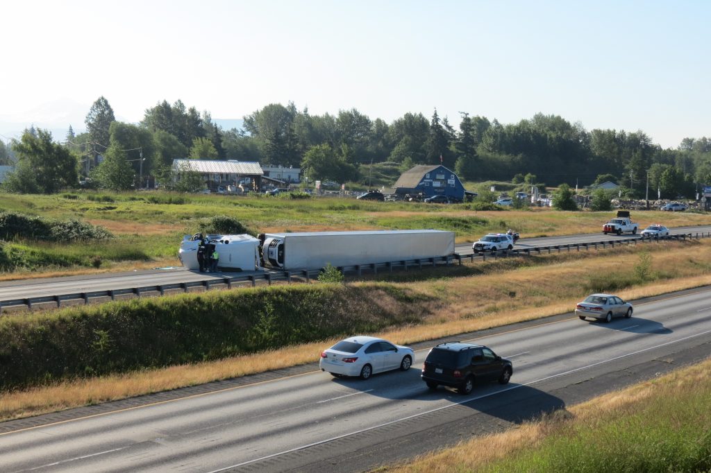 Scene of a semi truck rollover on northbound I-5 just south of the Slater Road interchange (June 18, 2018). Photo: My Ferndale News