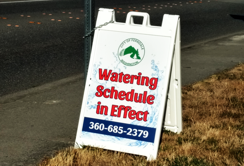 City of Ferndale roadside sign advising of irrigation restrictions (July 25, 2018). Photo: Whatcom News