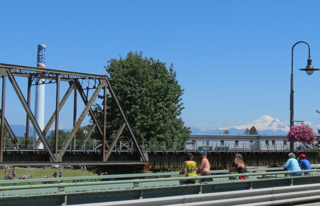 ski to sea spectators line pioneer bridge at main street and gather at oxford park at the side of the nooksack river - 2018-05-27