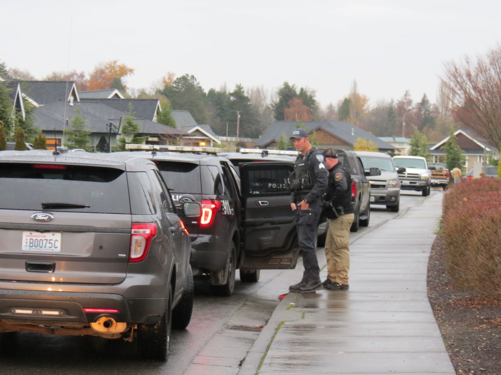 Ferndale Police talk with a subject captured in the Skyview neighborhood after a lengthy search.