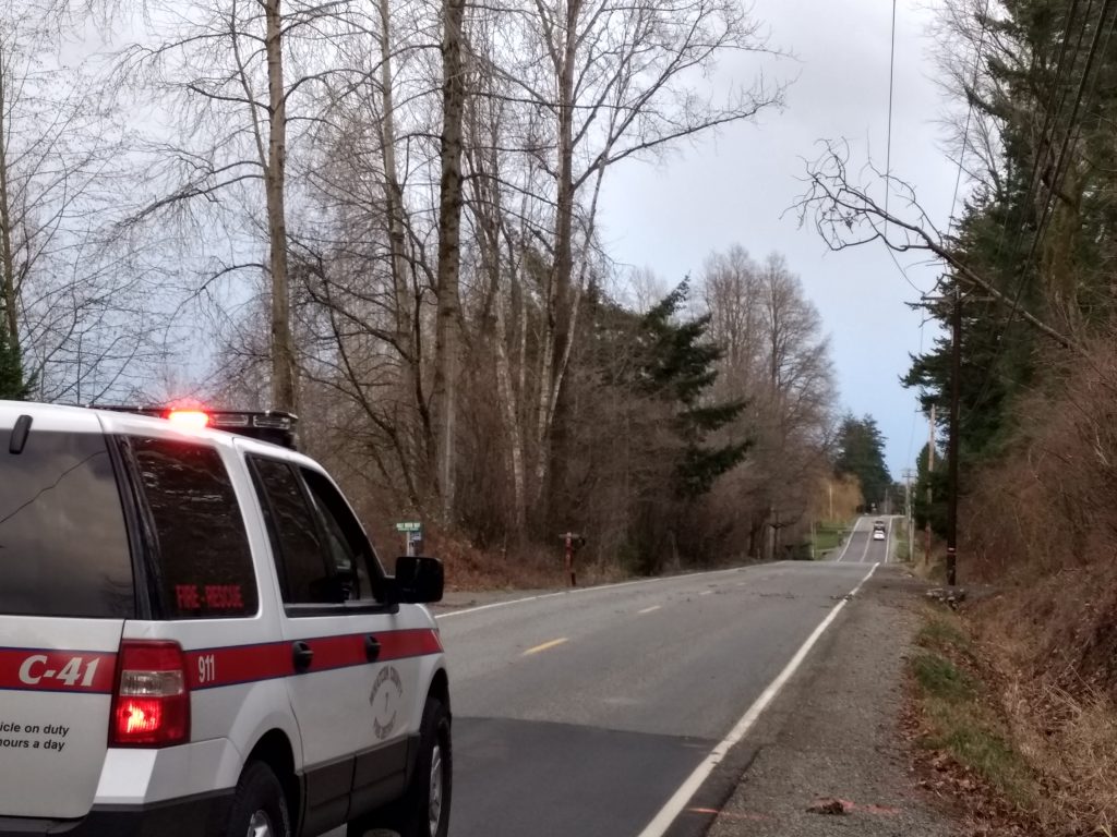 WCFD7 Fire Chief Larry Hoffman at the scene of a tree on fire in power lines on Vista Drive during a windstorm (December 20, 2018). Photo: Whatcom News