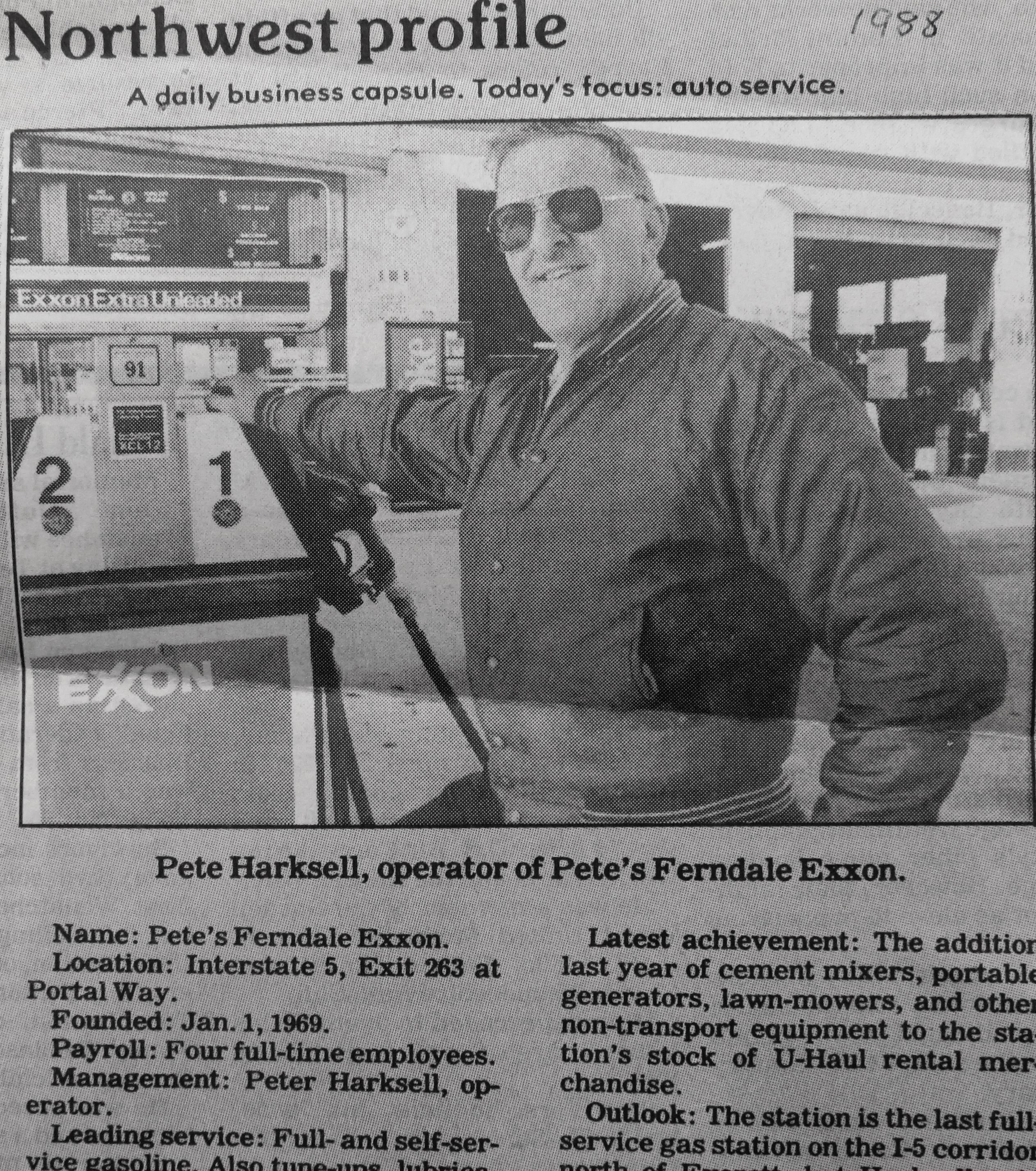 1988 newspaper clipping of a business feature about Pete's Ferndale Exxon. courtesy of Pete, Jr. and Nita Harksell
