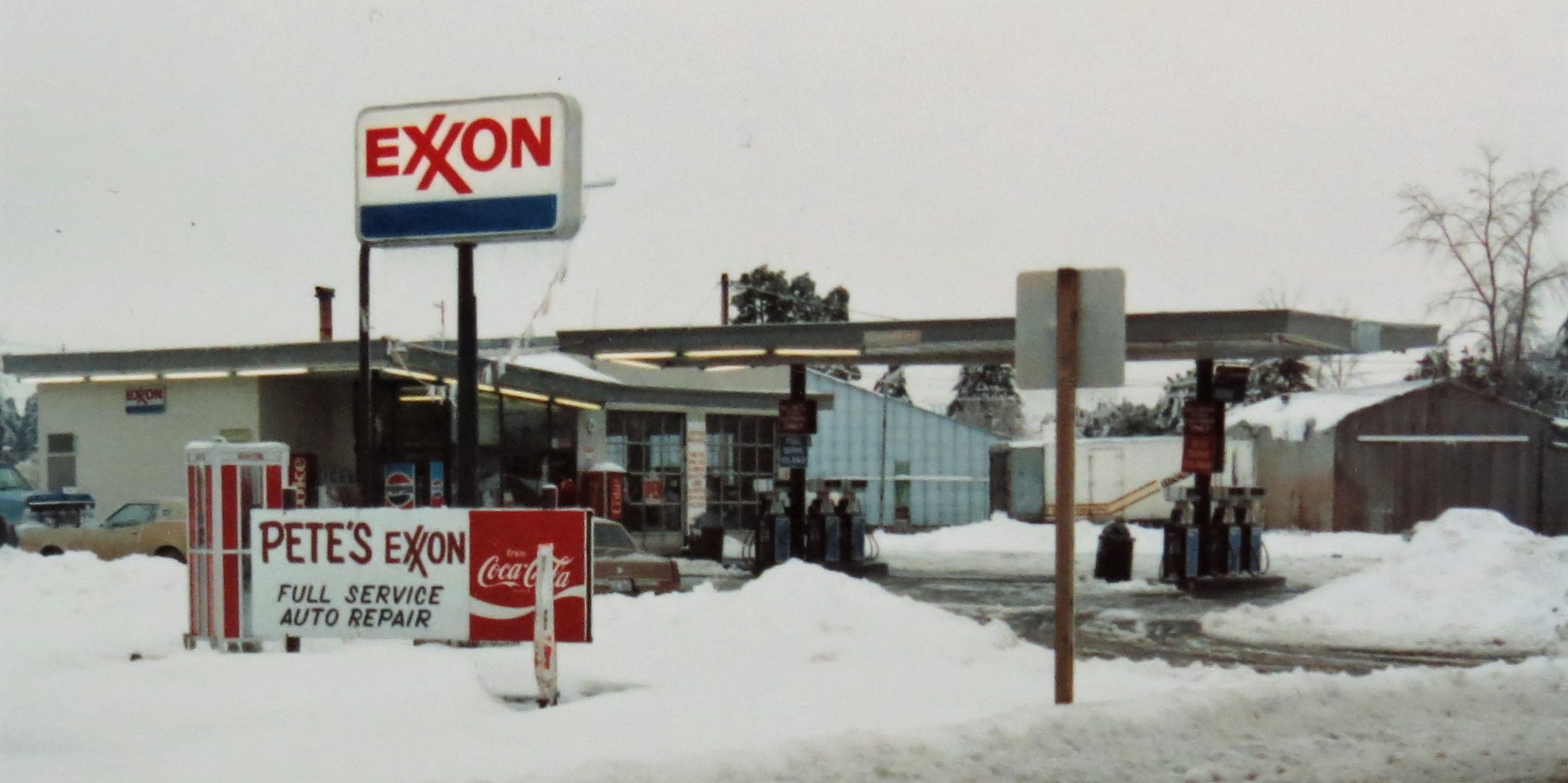 Pete's Exxon service station in the middle of a snowstorm much like the one Pete Harksell, Sr. experienced when taking over the station on January 1, 1969. Photo courtesy of Pete, Jr. and Nita Harksell