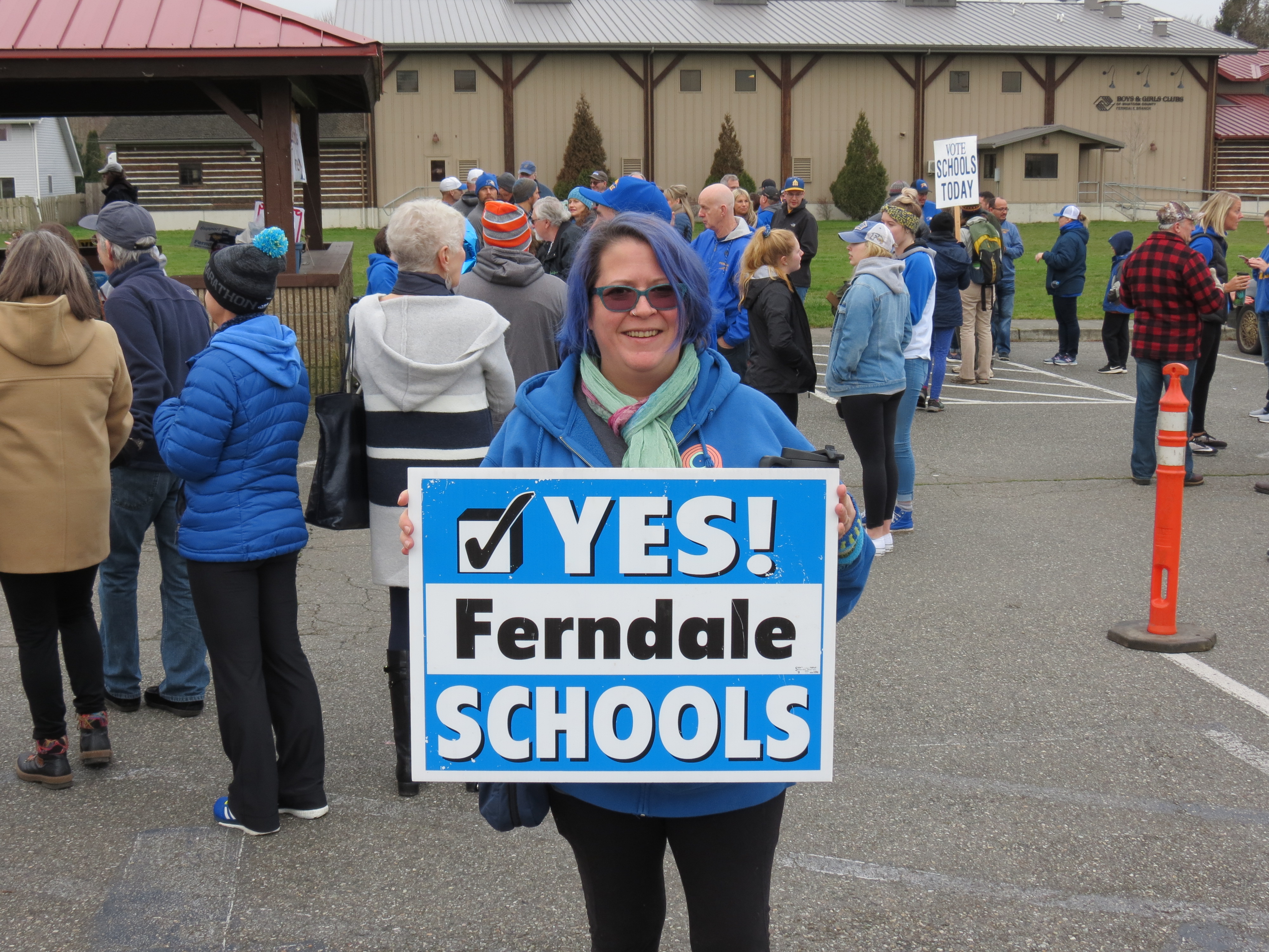 Ferndale School bond proposal supporter Poem Pitzer poses with her sign during a rally at Pioneer Park (January 26, 2019). Photo: My Ferndale News