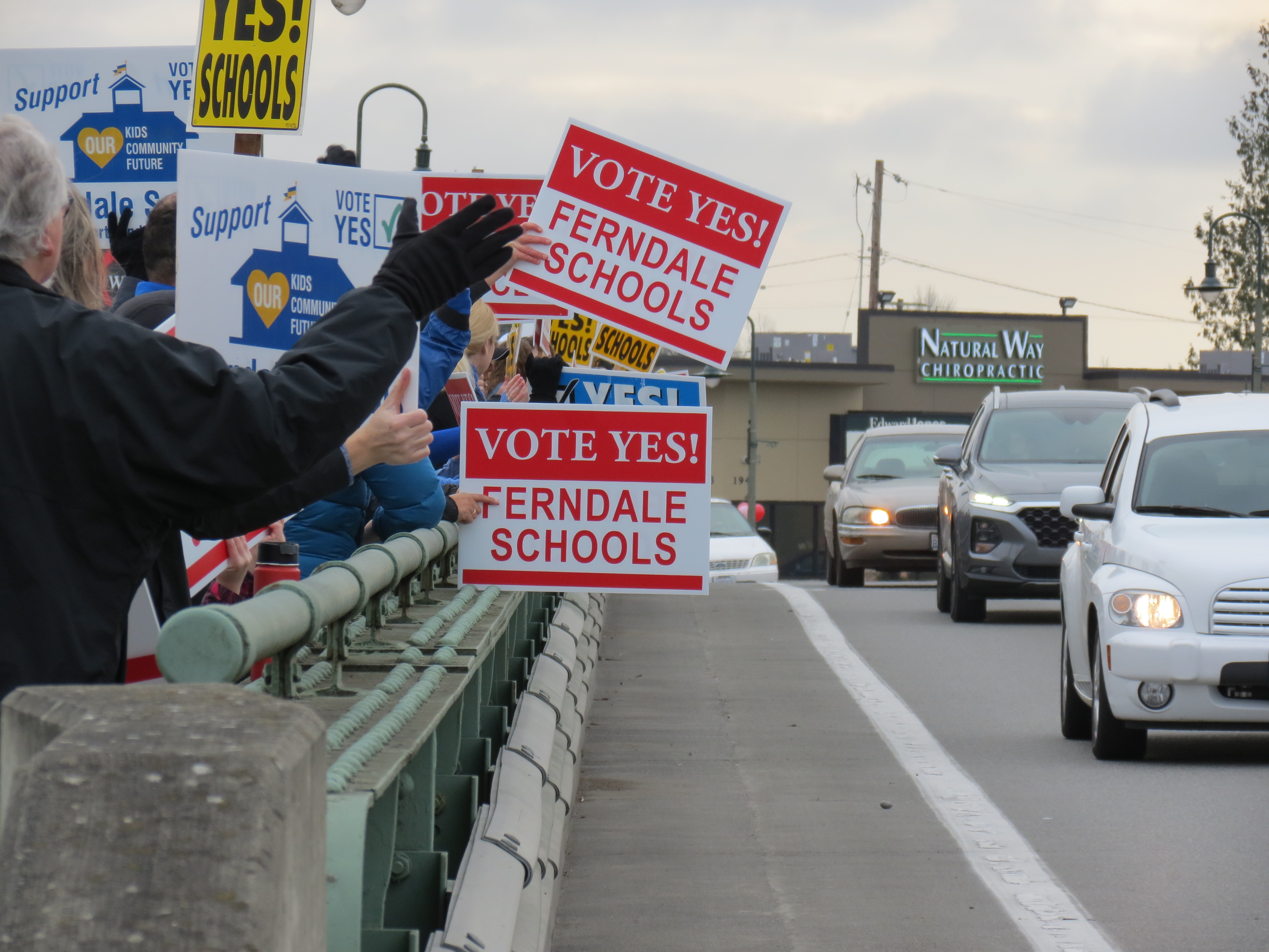 School bond proposal supporters gathered on the Main Street Pioneer Bridge after a rally at Pioneer Park (January 26, 2019). Photo: My Ferndale News