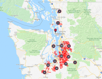 Puget Sound Energy outages map as of 4:20am on January 6, 2019. Nearly 1,000 outages impacting over 200,000 PSE customers following an early morning windstorm. 