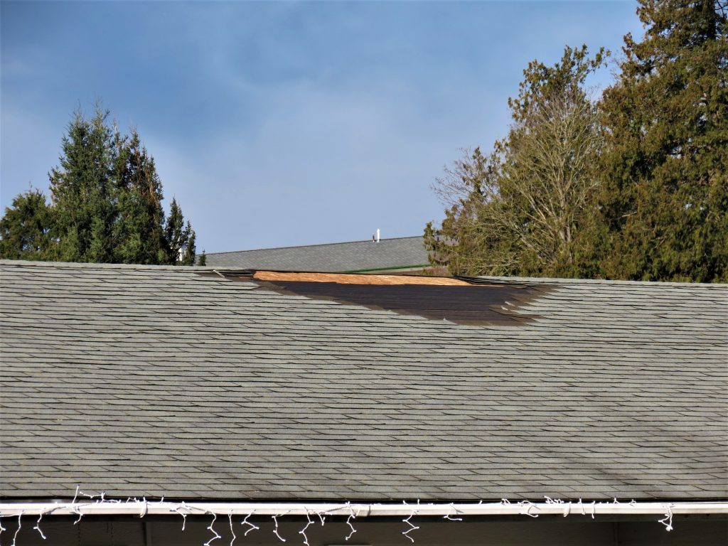 A bare patch where shingles were ripped from a roof on Westerlund Court after a windstorm with 70mph gusts (February 10, 2019). Photo: My Ferndale News