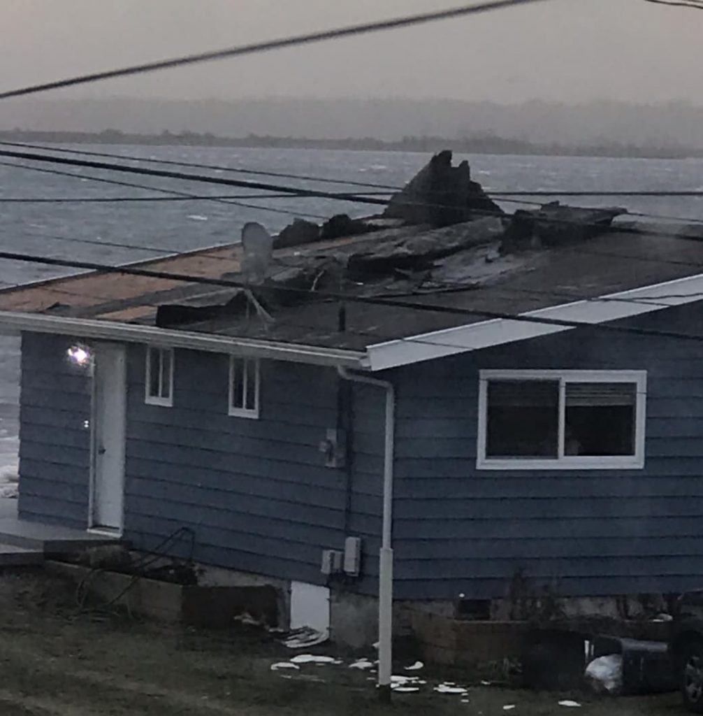 Roof damage in the 4200 block of Saltspring Drive after a windstorm with 70mph gusts (February 9, 2019). Photo courtesy Sandy Point Watch