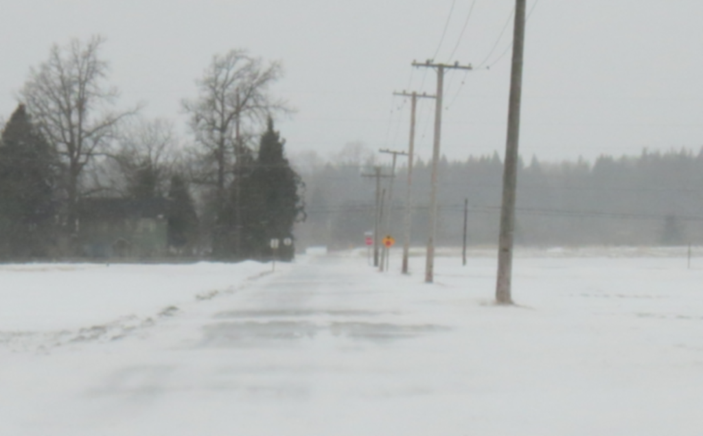 Snow blows over Ulrich Road looking west toward Imhof Road (February 11, 2019). Photo: Whatcom News