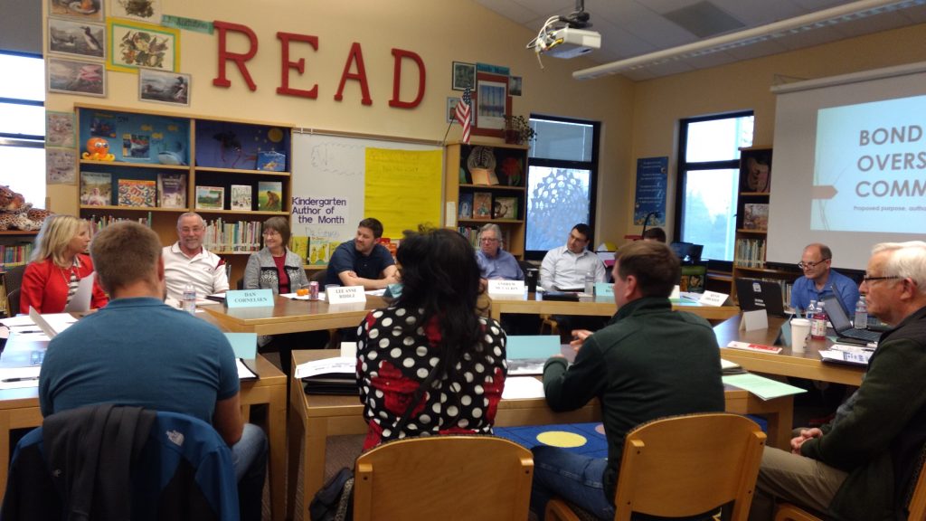 Members of the Bond Oversight Committee met with Ferndale School Board directors at the Cascadia Elementary School library (March 20, 2019). Photo: My Ferndale News