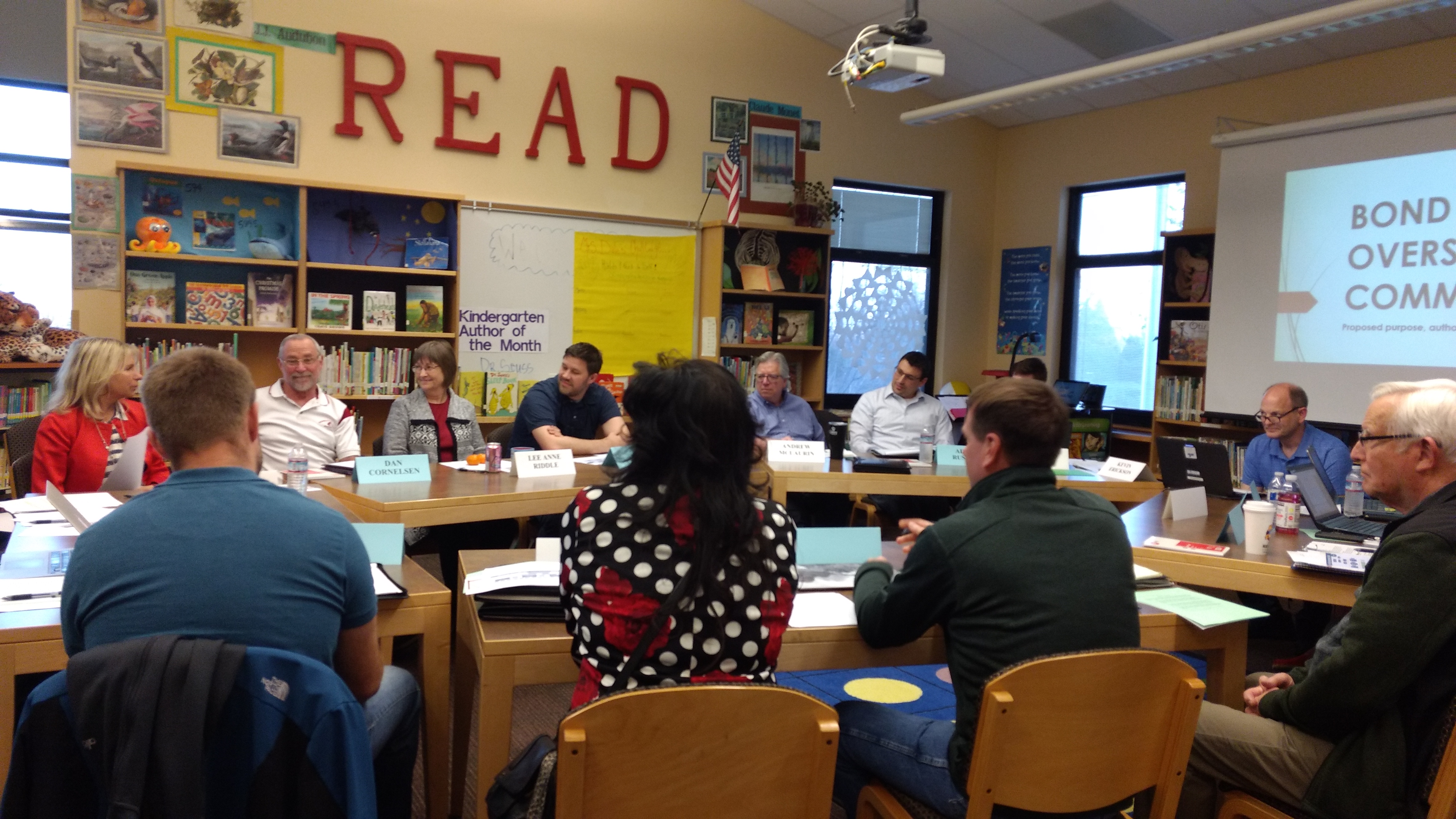 Members of the Bond Oversight Committee met with Ferndale School Board directors at the Cascadia Elementary School library (March 20, 2019). Photo: My Ferndale News