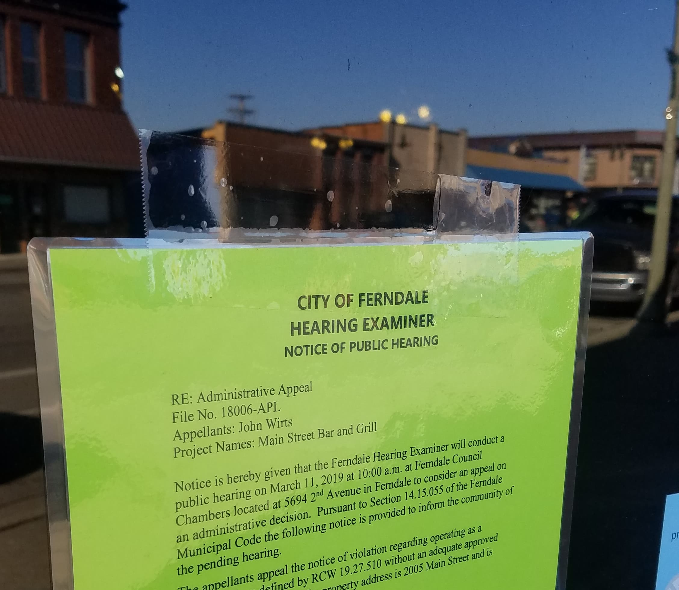 Appeal hearing notice posted at the Main Street Bar & Grill (March 9, 2019). Photo courtesy of Ali Hawkinson