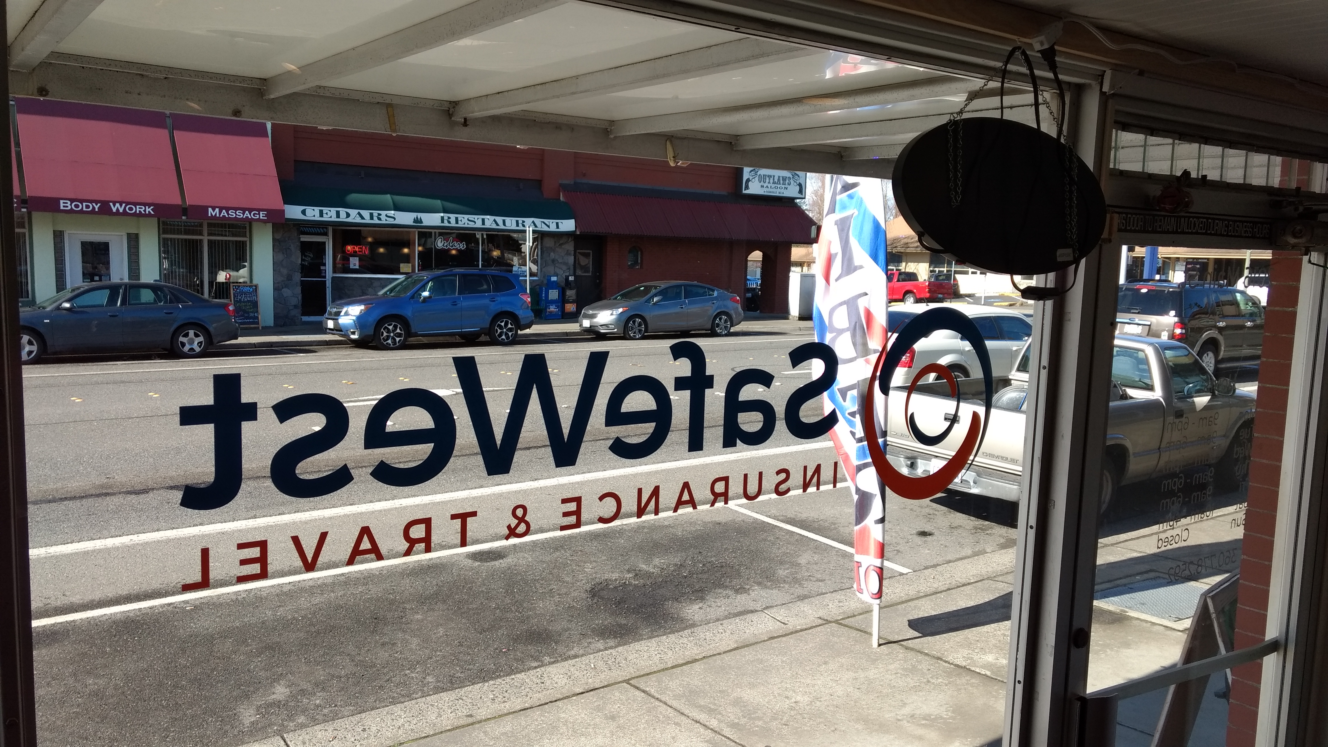 Looking out from the inside of the new SafeWest Insurance & Travel office at 2016 Main Street (March 2019). Photo: My Ferndale News