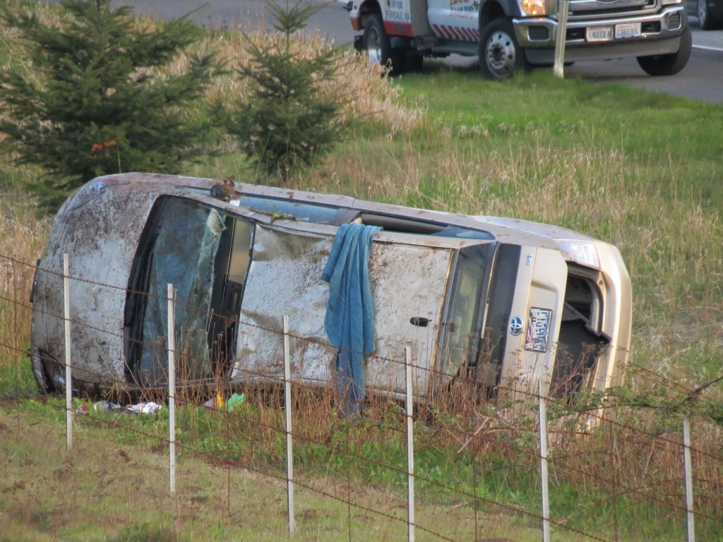 Scene of single-vehicle rollover crash on I-5 south of W Smith Road overpass (April 21, 2019). Photo: My Ferndale News