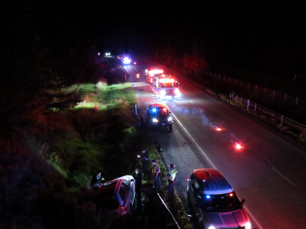 Scene of a 2-vehicle crash southbound on I-5 south of the Grandview Road interchange and the Portal Way overpass (May 6, 2019). Photo: My Ferndale News