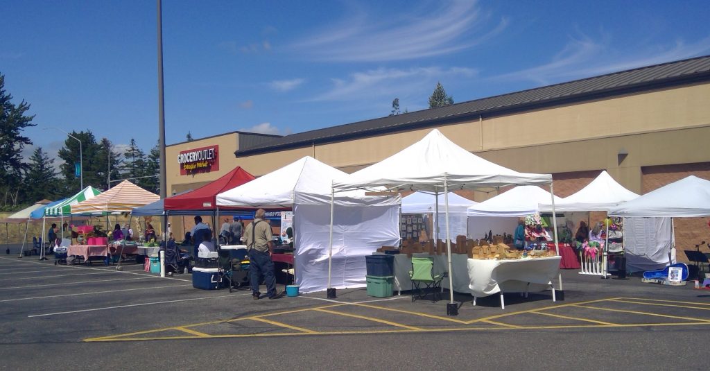 Ferndale Farmers Market vendors set up in the west parking lot of the Ferndale Grocery Outlet (June 14, 2019). Photo: My Ferndale News
