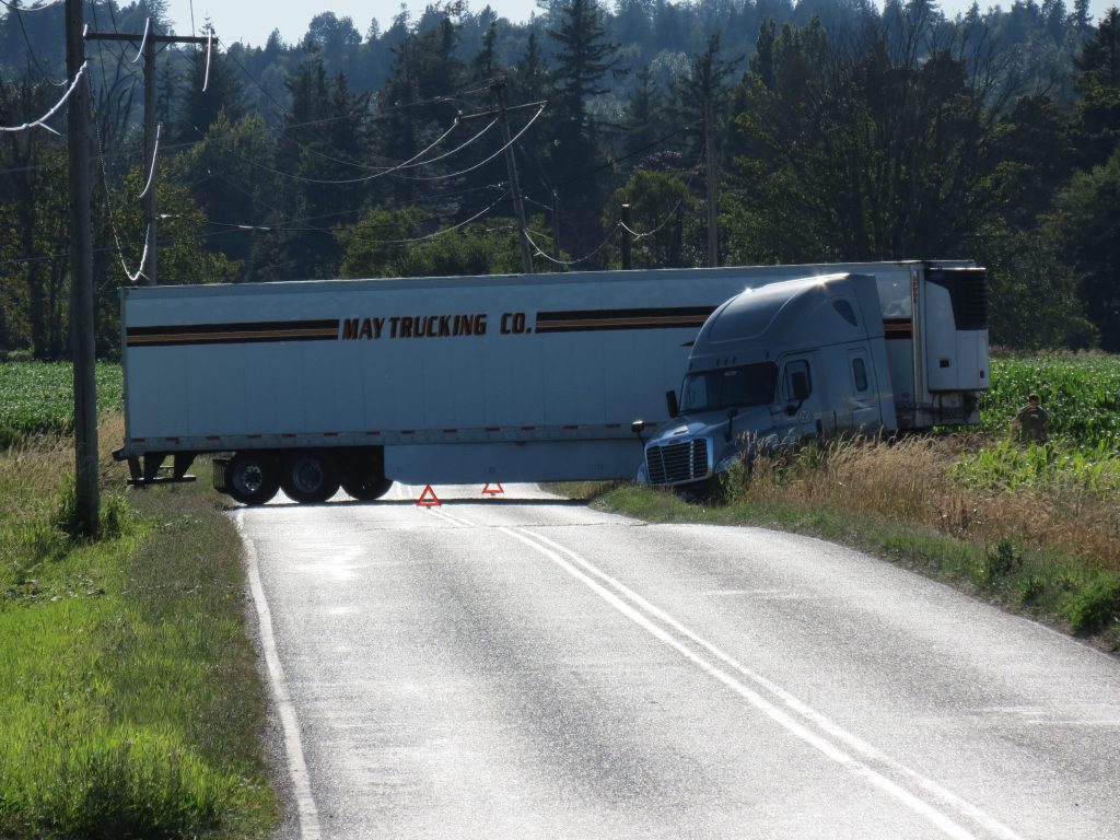 A jack-knifed semi blocks Paradise Road (July 25, 2019). Photo: My Ferndale News