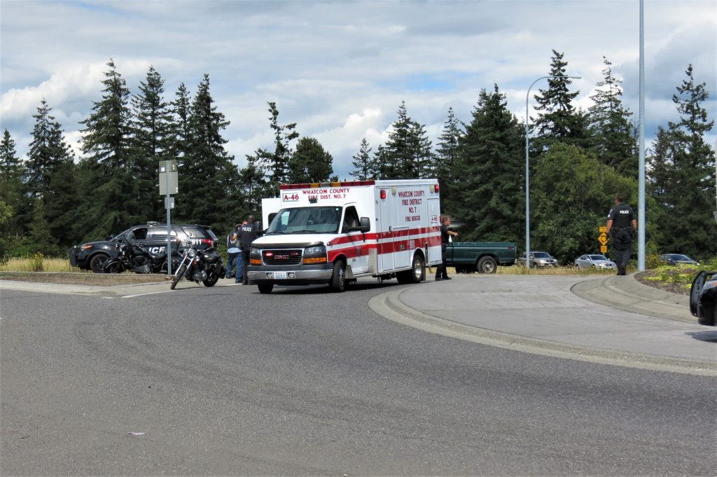 Scene of motorcycle crash at Portal Way roundabout (July 27, 2019). Photo: My Ferndale News