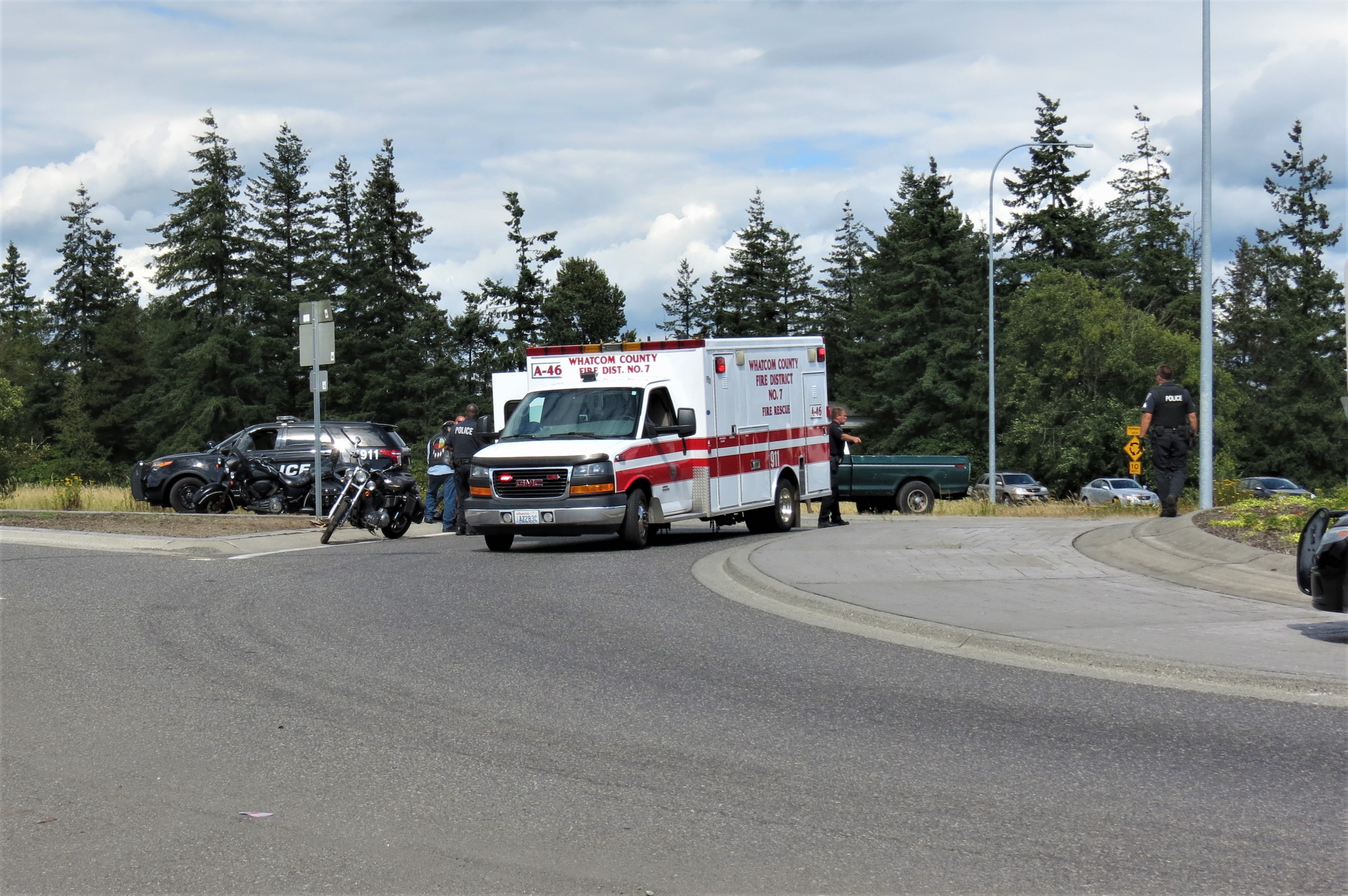 Scene of motorcycle crash at Portal Way roundabout (July 27, 2019). Photo: My Ferndale News