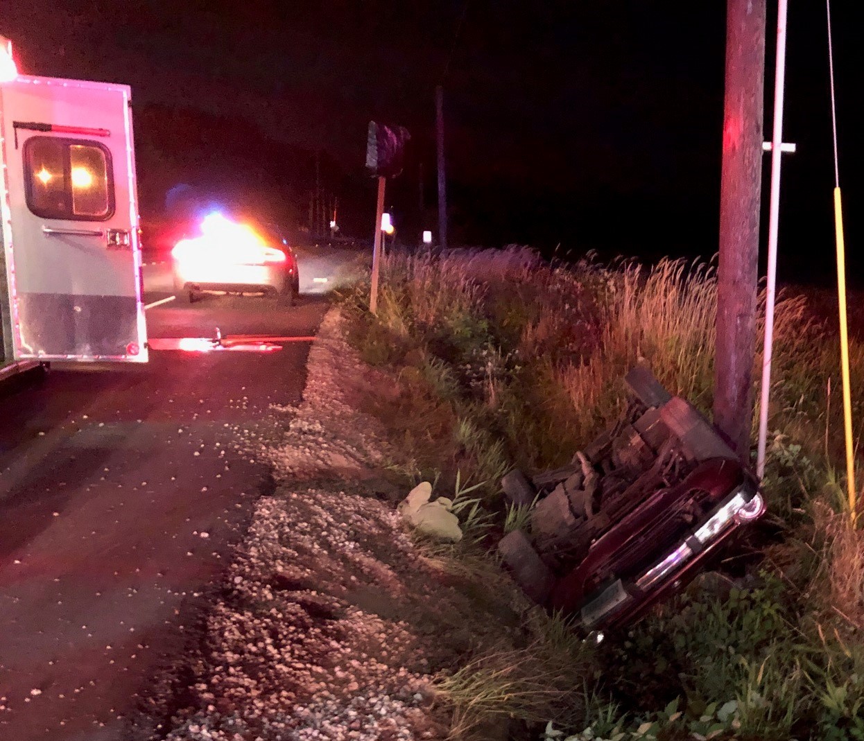 Scene of a single vehicle rollover west of the Kickerville and Grandview Roads roundabout (August 15, 2019). Photo courtesy of WCFD7