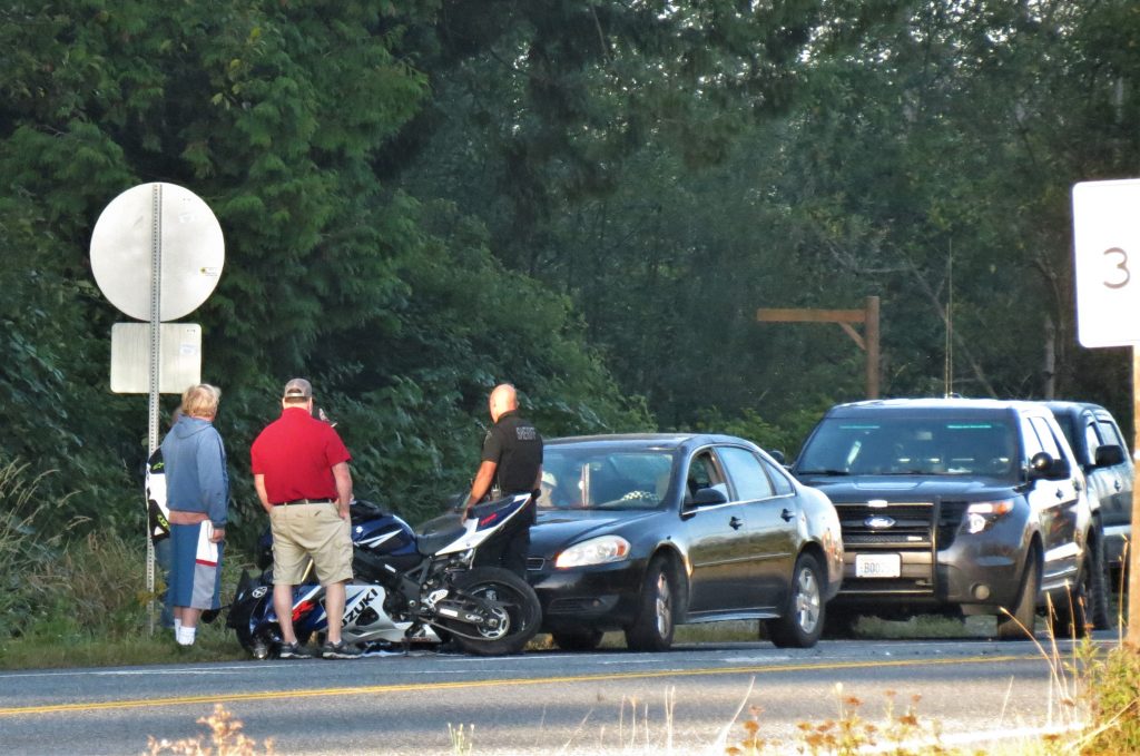 Scene of a car vs motorcycle crash on Slater Road after involved vehicles were moved to the side of the road (August 27, 2019). Photo: My Ferndale News