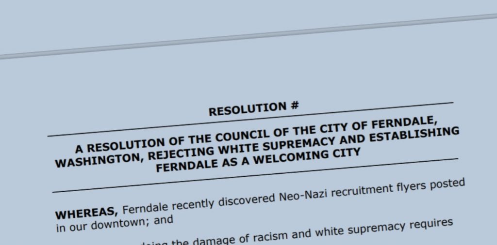 Draft of City of Ferndale resolution denouncing white supremacists.