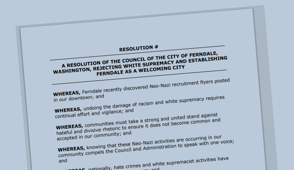 Draft of City of Ferndale resolution denouncing white supremacists.