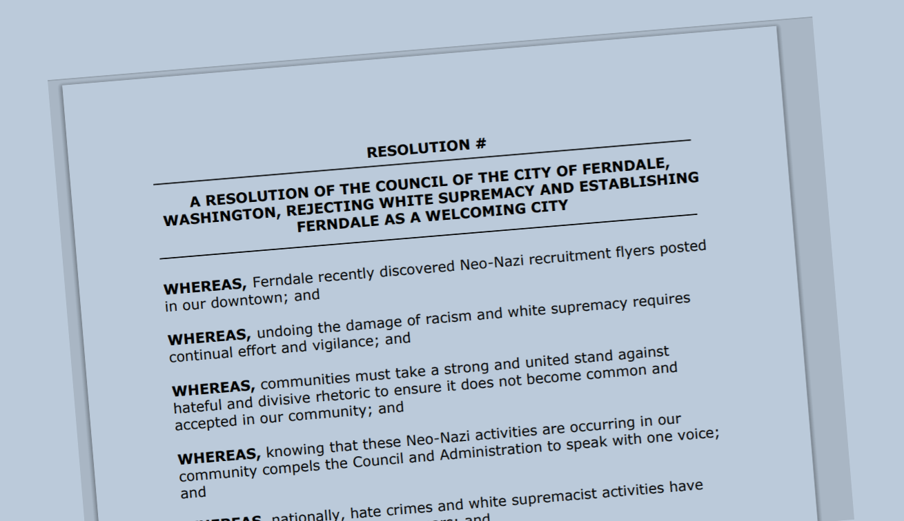 Draft of City of Ferndale resolution denouncing white supremacists.