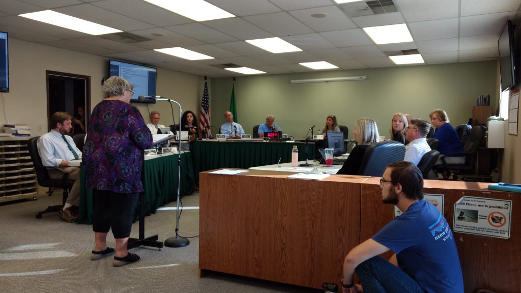 Yvonne Goldsmith addresses the Ferndale City Council with an ethics complaint about Mayor Jon Mutchler (August 19, 2019). Photo: My Ferndale News