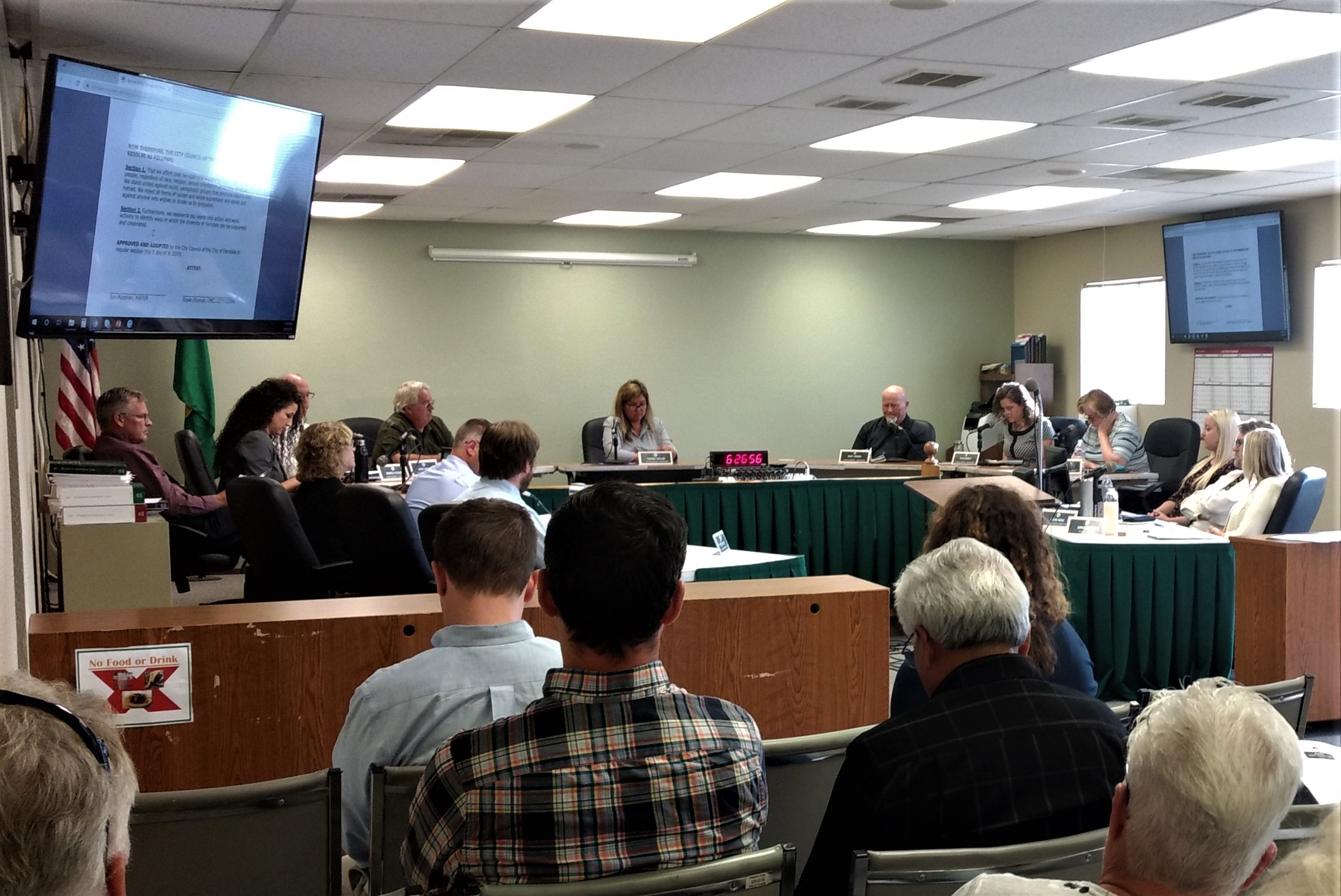 Ferndale City Council member Kate Bishop reads a declaration of admonishment of councilmember Keith Olson into the record (September 3rd, 2019). Photo: My Ferndale News