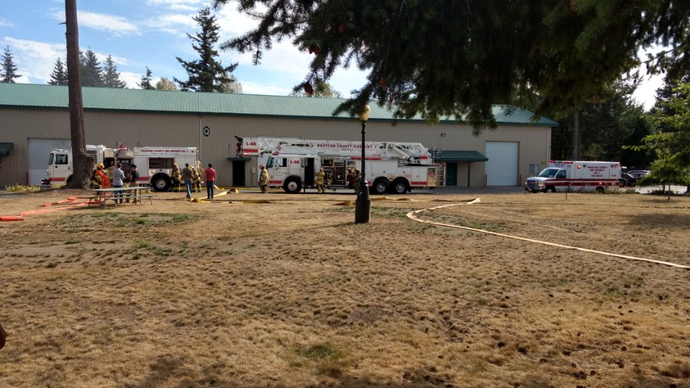Firefighters on scene of a fire inside a building at the Grandview Business Park on Portal Way (September 5, 2019). Photo: My Ferndale News