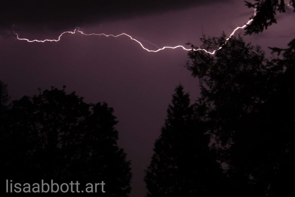 One of many lightning bolts that lit up area skies during a surprise evening thunderstorm (September 7, 2019). Photo courtesy Lisa Abbott of lisaabbott.art