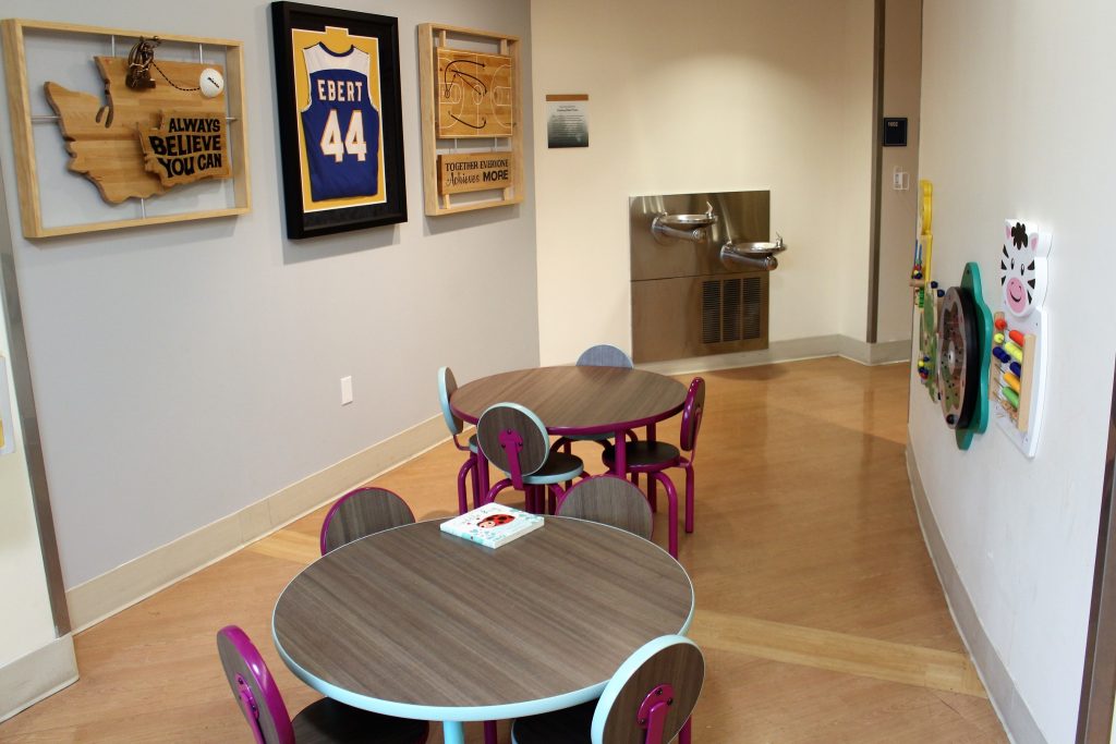 Entertainment zone at PeaceHealth St Joseph Medical Center ER waiting area (2019). Photo courtesy of PeaceHealth