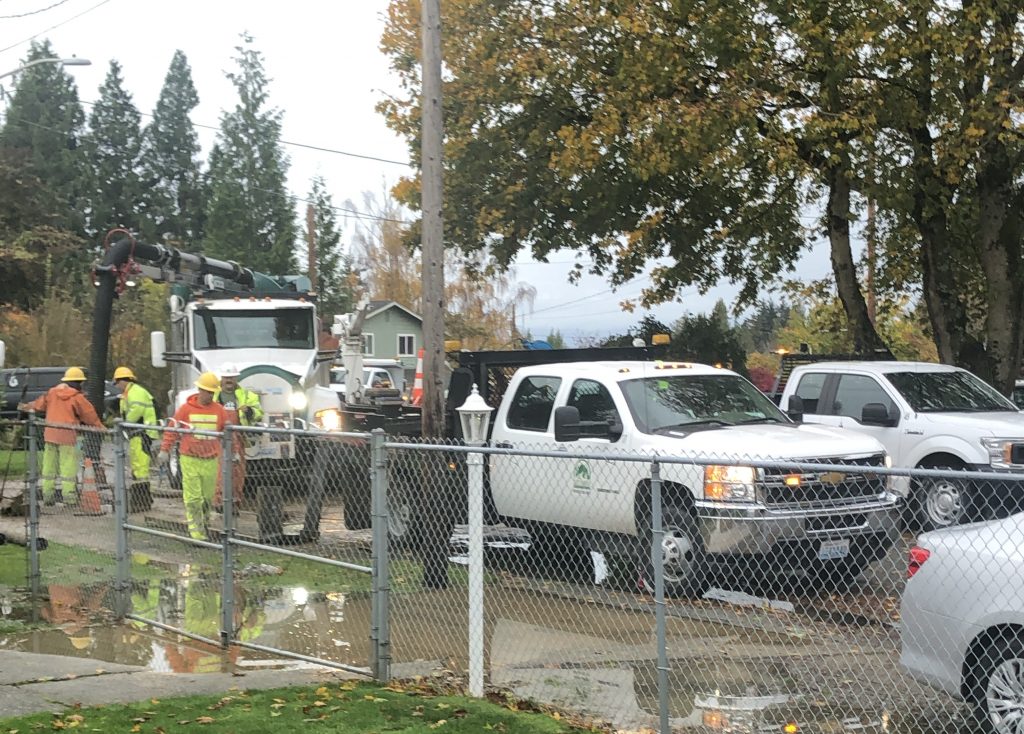 A City of Ferndale Public Works crew works to repair a water main break on Madrona Drive (October 20, 2019). Photo: Joe Tuttle