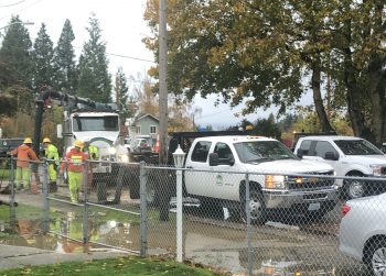 A City of Ferndale Public Works crew works to repair a water main break on Madrona Drive (October 20, 2019). Photo: Joe Tuttle
